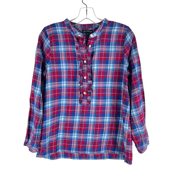 J. Crew Mercantile Flannel Plaid Popover Shirt Top Ruffle Blue Red Size XS - Picture 4 of 11